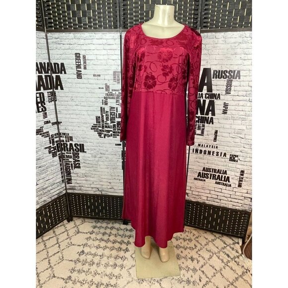 Susan Graver Studio M Maroon Floral Flocked Bodice Long Sleeve Long Dress - Picture 1 of 6